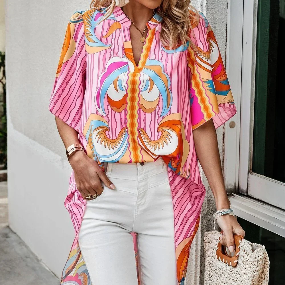 Notched Neckline Butterfly Sleeve High Low Hem Blouse multi color - Picture 1 of 5